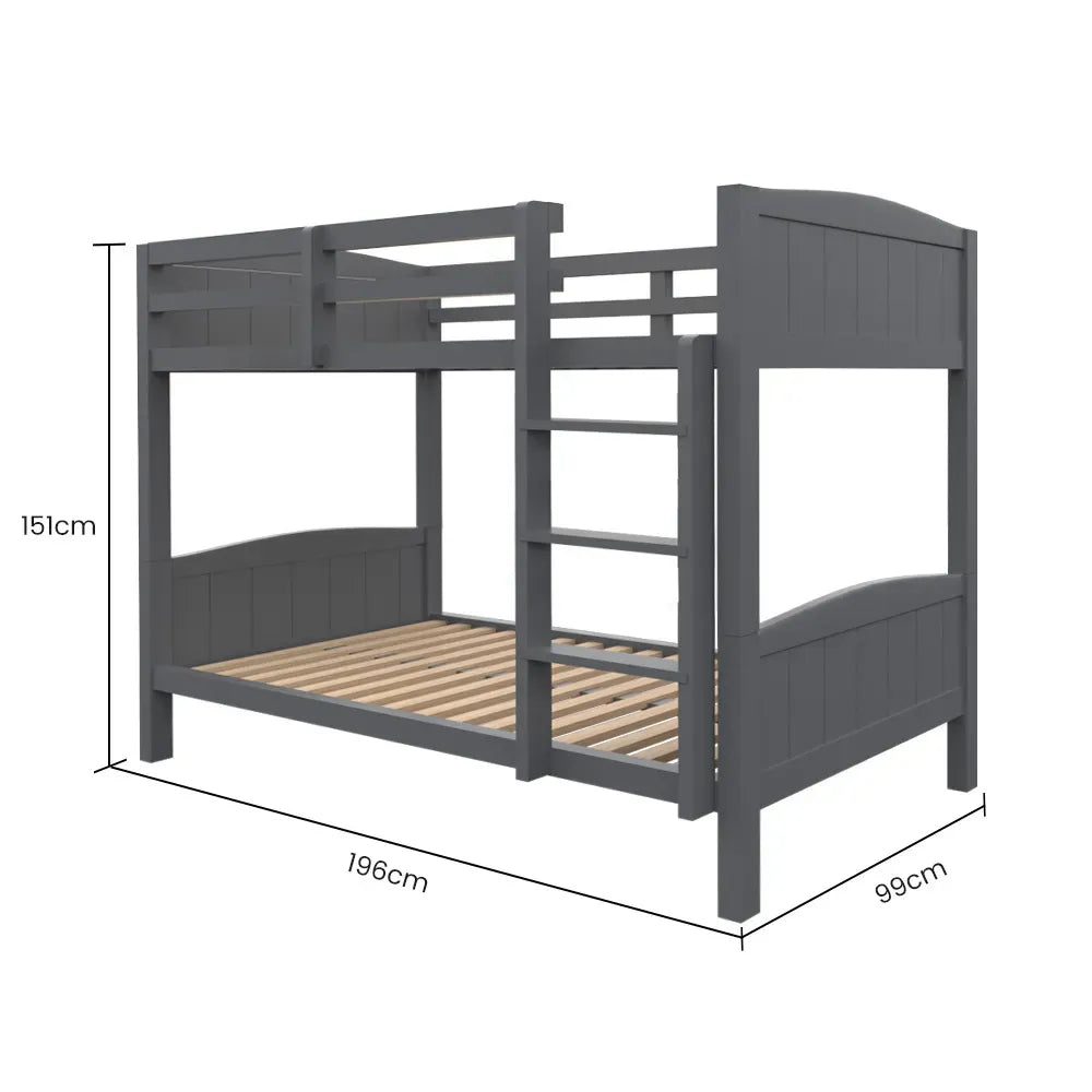 KINGSTON SLUMBER Single Bunk Bed Frame, Solid Pine 2-in-1 Modular Design Convert to 2 Single Beds, Grey-Furniture > Bedroom > Beds &amp; Bed Frames-PEROZ Accessories