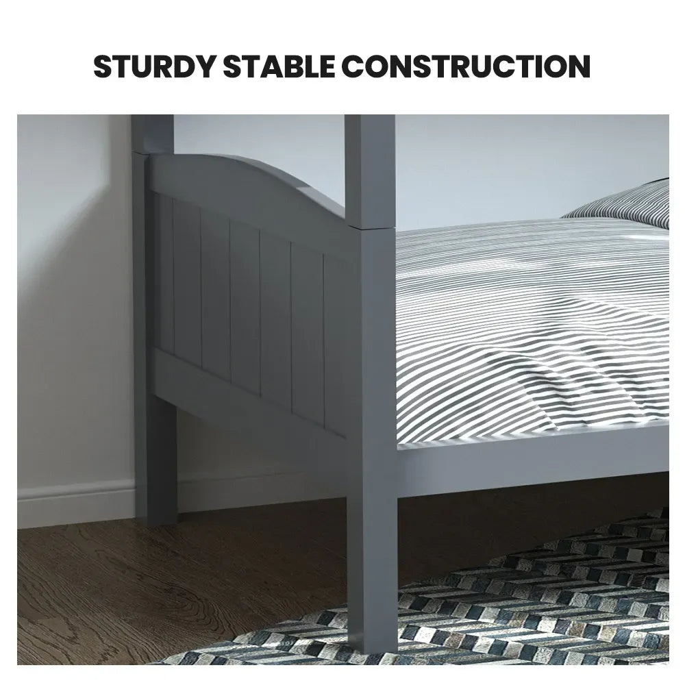 KINGSTON SLUMBER Single Bunk Bed Frame, Solid Pine 2-in-1 Modular Design Convert to 2 Single Beds, Grey-Furniture > Bedroom > Beds &amp; Bed Frames-PEROZ Accessories