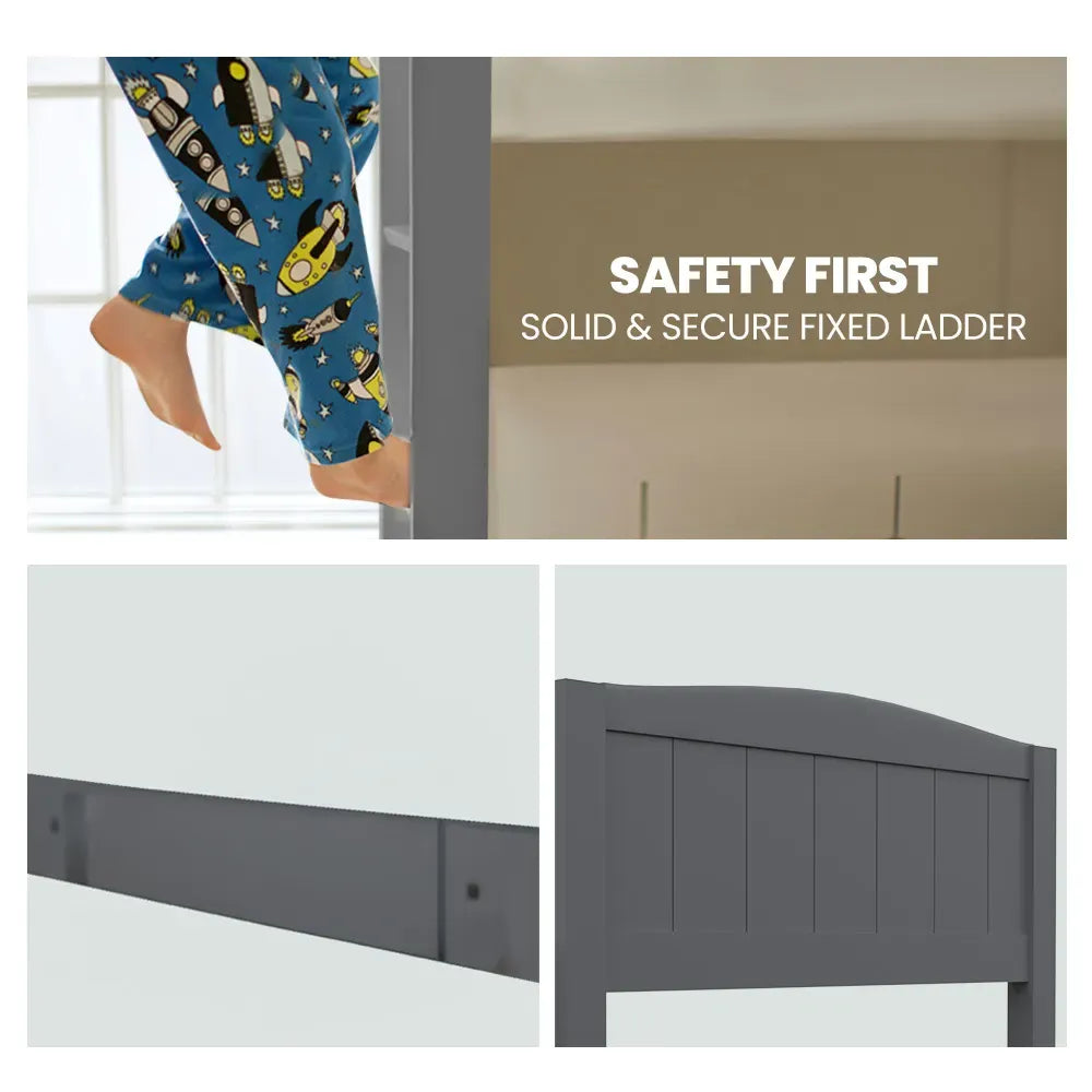KINGSTON SLUMBER Single Bunk Bed Frame, Solid Pine 2-in-1 Modular Design Convert to 2 Single Beds, Grey-Furniture > Bedroom > Beds &amp; Bed Frames-PEROZ Accessories