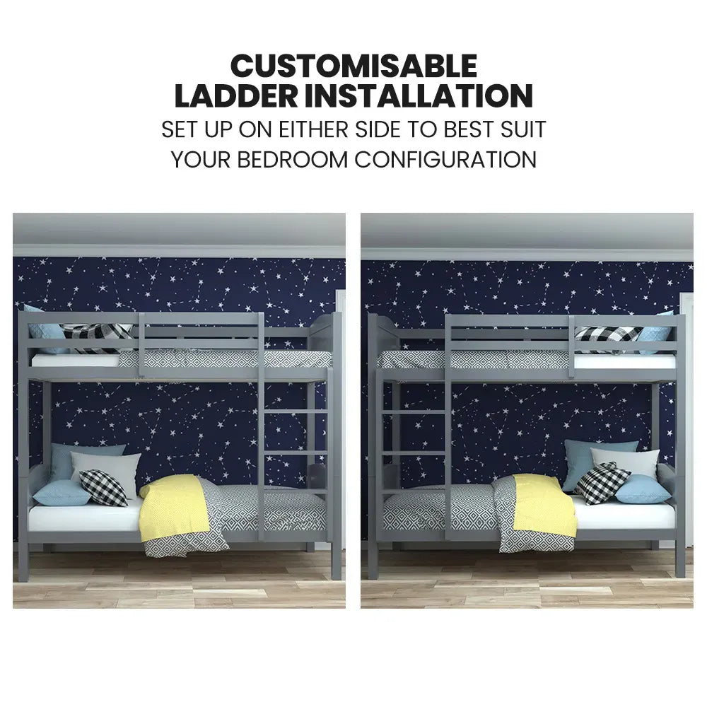 KINGSTON SLUMBER Single Bunk Bed Frame, Solid Pine 2-in-1 Modular Design Convert to 2 Single Beds, Grey-Furniture > Bedroom > Beds &amp; Bed Frames-PEROZ Accessories