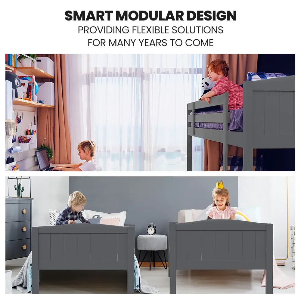 KINGSTON SLUMBER Single Bunk Bed Frame, Solid Pine 2-in-1 Modular Design Convert to 2 Single Beds, Grey-Furniture > Bedroom > Beds &amp; Bed Frames-PEROZ Accessories