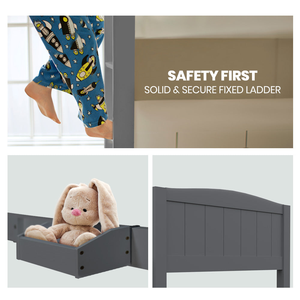 KINGSTON SLUMBER Single Bunk Bed Frame, Solid Pine 2-in-1 Modular Design Convert to 2 Single Beds, Grey-Furniture &gt; Bedroom &gt; Beds &amp; Bed Frames-PEROZ Accessories