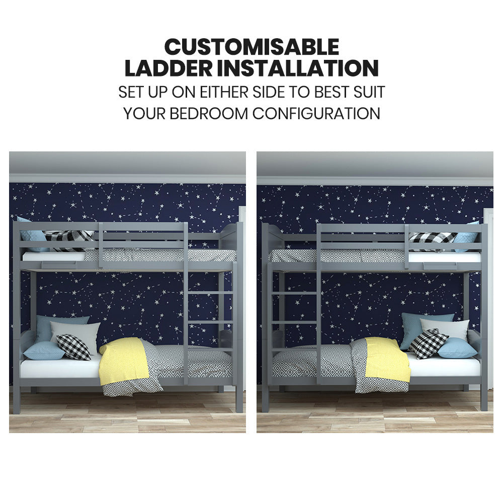 KINGSTON SLUMBER Single Bunk Bed Frame, Solid Pine 2-in-1 Modular Design Convert to 2 Single Beds, Grey-Furniture &gt; Bedroom &gt; Beds &amp; Bed Frames-PEROZ Accessories