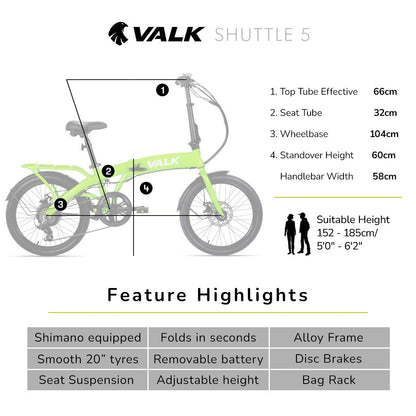 VALK Shuttle 5 Electric Folding Bike, Gen II, 20" Tyres, Shimano 7-Speed, Lime Green-Sports &amp; Fitness > Bikes &amp; Accessories-PEROZ Accessories