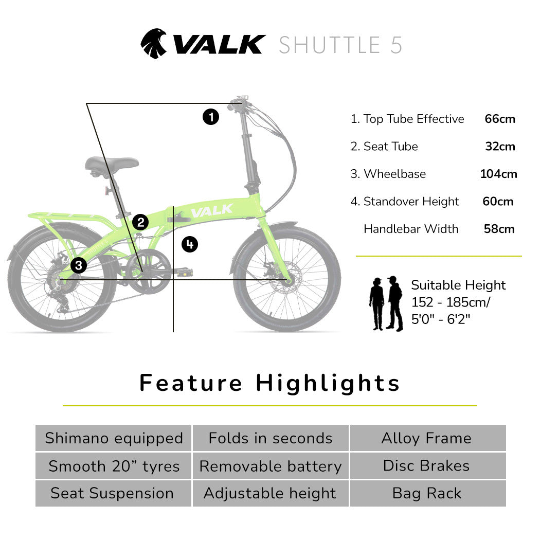 VALK Shuttle 5 Electric Folding Bike, Gen II, 20&quot; Tyres, Shimano 7-Speed, Lime Green-Sports &amp; Fitness &gt; Bikes &amp; Accessories-PEROZ Accessories