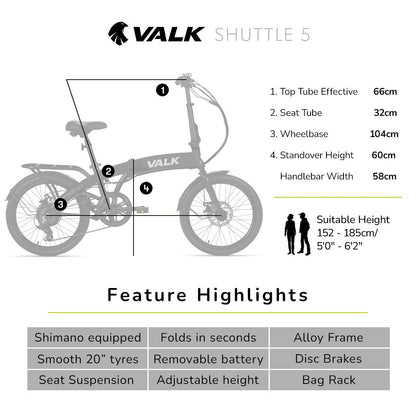 VALK Shuttle 5 Electric Folding Bike, Gen II, 20" Tyres, Shimano 7-Speed, Dark Grey-Sports &amp; Fitness > Bikes &amp; Accessories-PEROZ Accessories