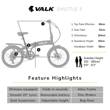 VALK Shuttle 5 Electric Folding Bike, Gen II, 20&quot; Tyres, Shimano 7-Speed, Dark Grey-Sports &amp; Fitness &gt; Bikes &amp; Accessories-PEROZ Accessories