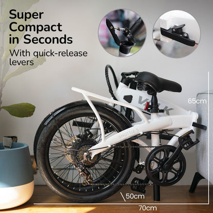 VALK Shuttle 5 Electric Folding Bike, Gen II, 20" Tyres, Shimano 7-Speed, White-Sports &amp; Fitness > Bikes &amp; Accessories-PEROZ Accessories