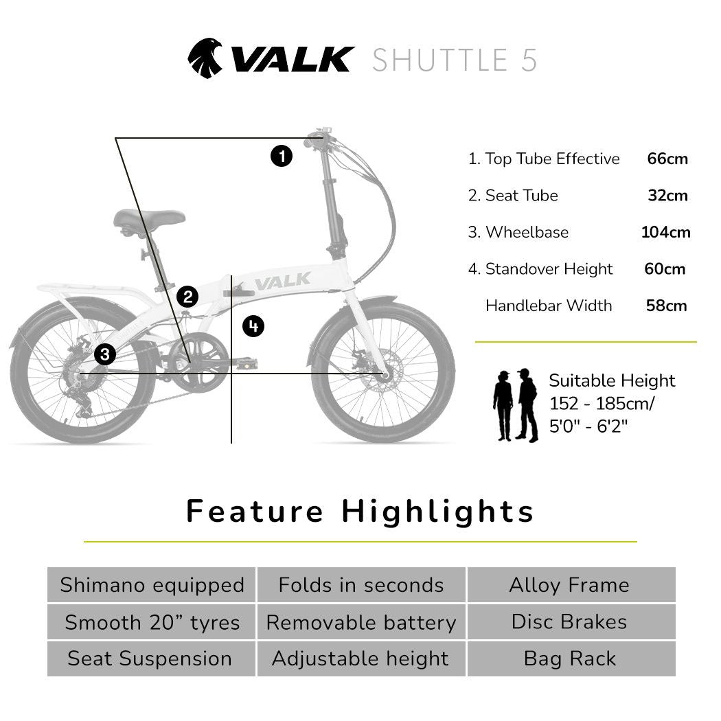 VALK Shuttle 5 Electric Folding Bike, Gen II, 20" Tyres, Shimano 7-Speed, White-Sports &amp; Fitness > Bikes &amp; Accessories-PEROZ Accessories