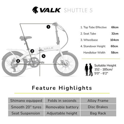 VALK Shuttle 5 Electric Folding Bike, Gen II, 20" Tyres, Shimano 7-Speed, White-Sports &amp; Fitness > Bikes &amp; Accessories-PEROZ Accessories