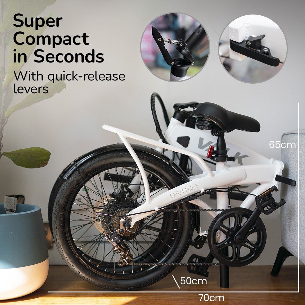 VALK Shuttle 5 Electric Folding Bike, Gen II, 20&quot; Tyres, Shimano 7-Speed, White-Sports &amp; Fitness &gt; Bikes &amp; Accessories-PEROZ Accessories
