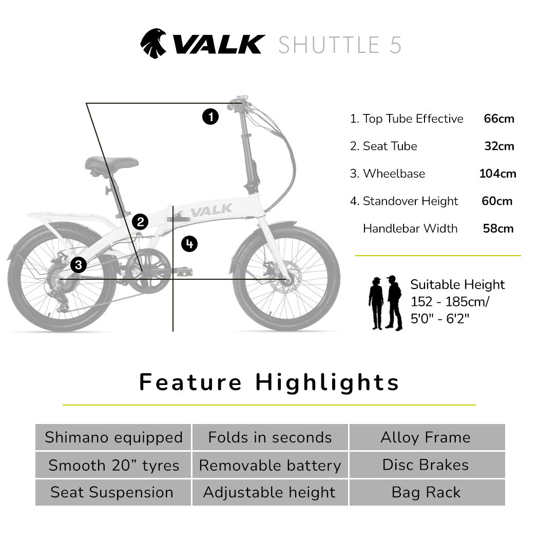 VALK Shuttle 5 Electric Folding Bike, Gen II, 20&quot; Tyres, Shimano 7-Speed, White-Sports &amp; Fitness &gt; Bikes &amp; Accessories-PEROZ Accessories