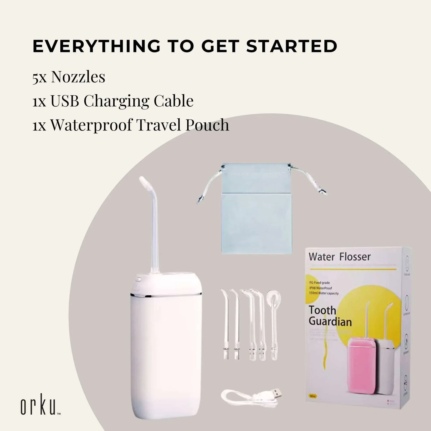 Orku Mini Cordless Water Flosser Oral Irrigator White - 5 Nozzles-Oral Care-PEROZ Accessories