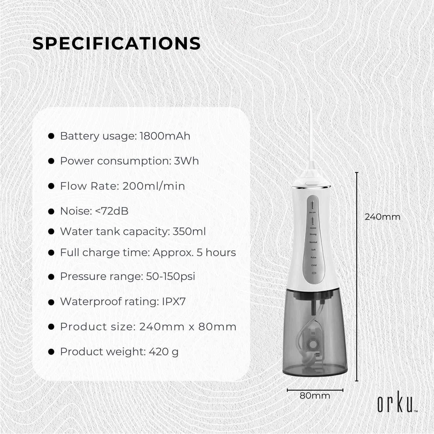 Orku Portable Oral Irrigator Flosser 350ml - Rechargeable Water Dental Teeth Cleaner-Oral Care-PEROZ Accessories