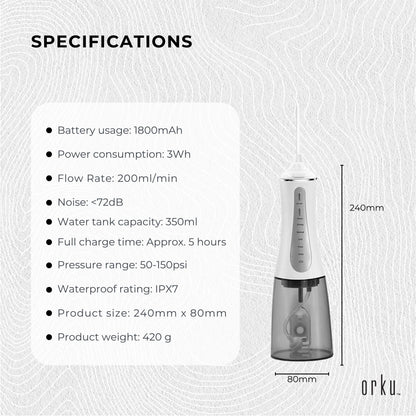 Orku Portable Oral Irrigator Flosser 350ml - Rechargeable Water Dental Teeth Cleaner-Oral Care-PEROZ Accessories
