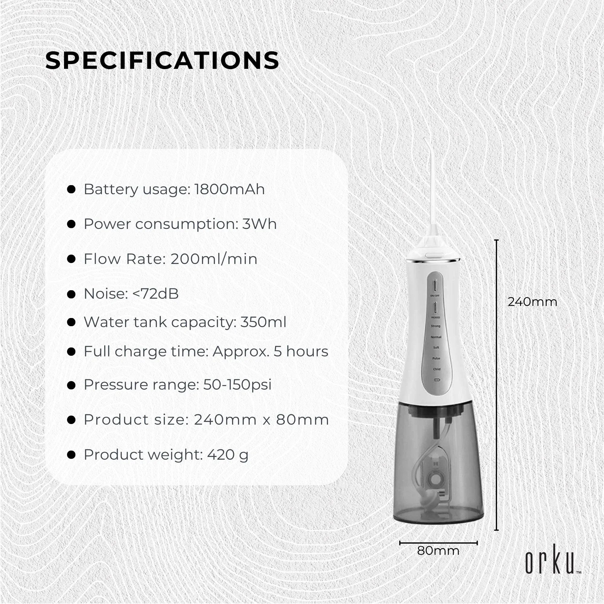 Orku Portable Oral Irrigator Flosser 350ml - Rechargeable Water Dental Teeth Cleaner-Oral Care-PEROZ Accessories