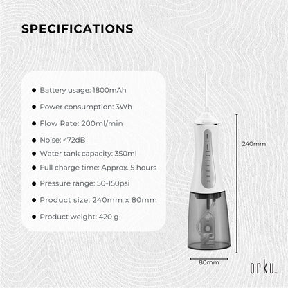 Orku Portable Oral Irrigator Flosser 350ml - Rechargeable Water Dental Teeth Cleaner-Oral Care-PEROZ Accessories
