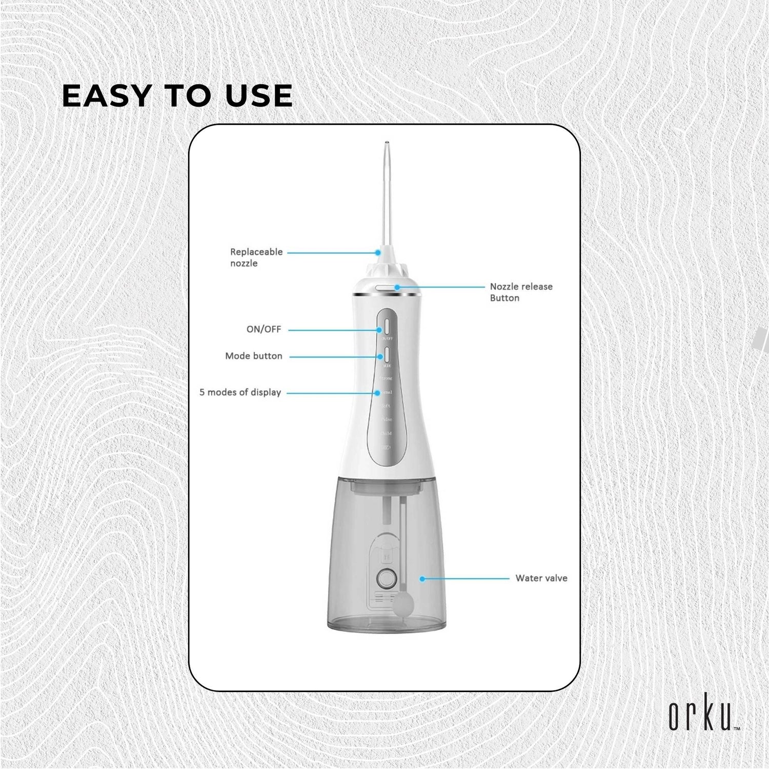 Orku Portable Oral Irrigator Flosser 350ml - Rechargeable Water Dental Teeth Cleaner-Oral Care-PEROZ Accessories