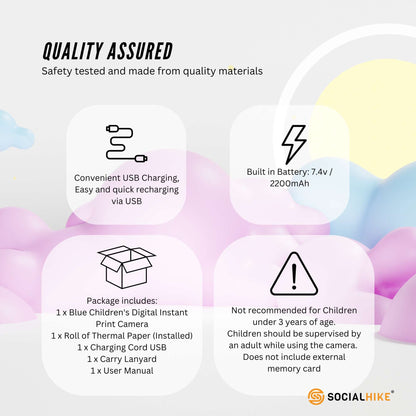 Kids Rechargeable Instant Print Camera Blue - Digital Thermal Photo Video MP3-Audio &amp; Video &gt; Photography &gt; Camera Accessories-PEROZ Accessories