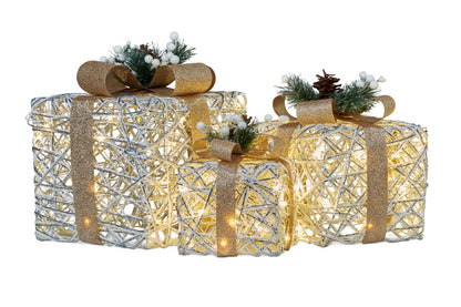 Swishmas 3 Piece Christmas Present Display Set With Lights &amp; Gold Bows-Occasions &gt; Christmas &gt; Christmas Decorations-PEROZ Accessories