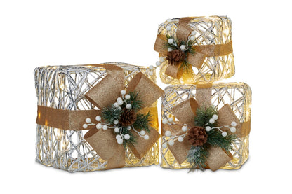 Swishmas 3 Piece Christmas Present Display Set With Lights &amp; Gold Bows-Occasions &gt; Christmas &gt; Christmas Decorations-PEROZ Accessories
