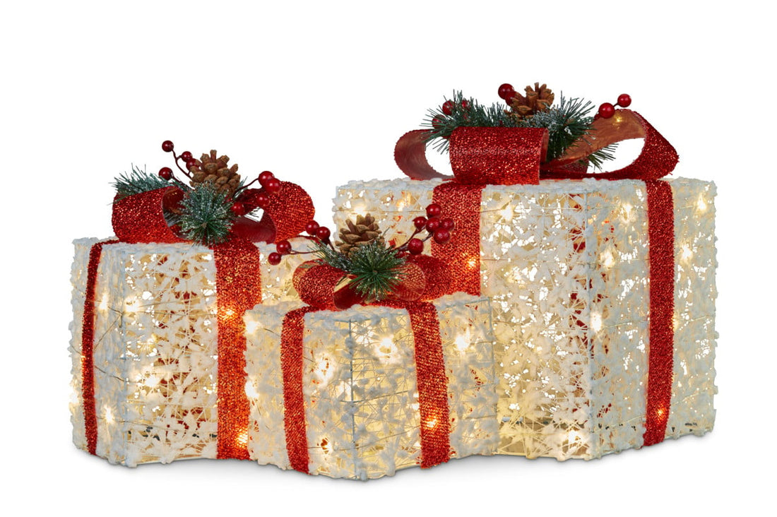 Swishmas 3 Piece Christmas Present Display Set With Lights &amp; Red Bows-Occasions &gt; Christmas &gt; Christmas Decorations-PEROZ Accessories