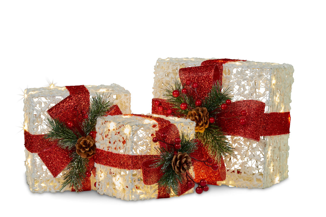 Swishmas 3 Piece Christmas Present Display Set With Lights &amp; Red Bows-Occasions &gt; Christmas &gt; Christmas Decorations-PEROZ Accessories