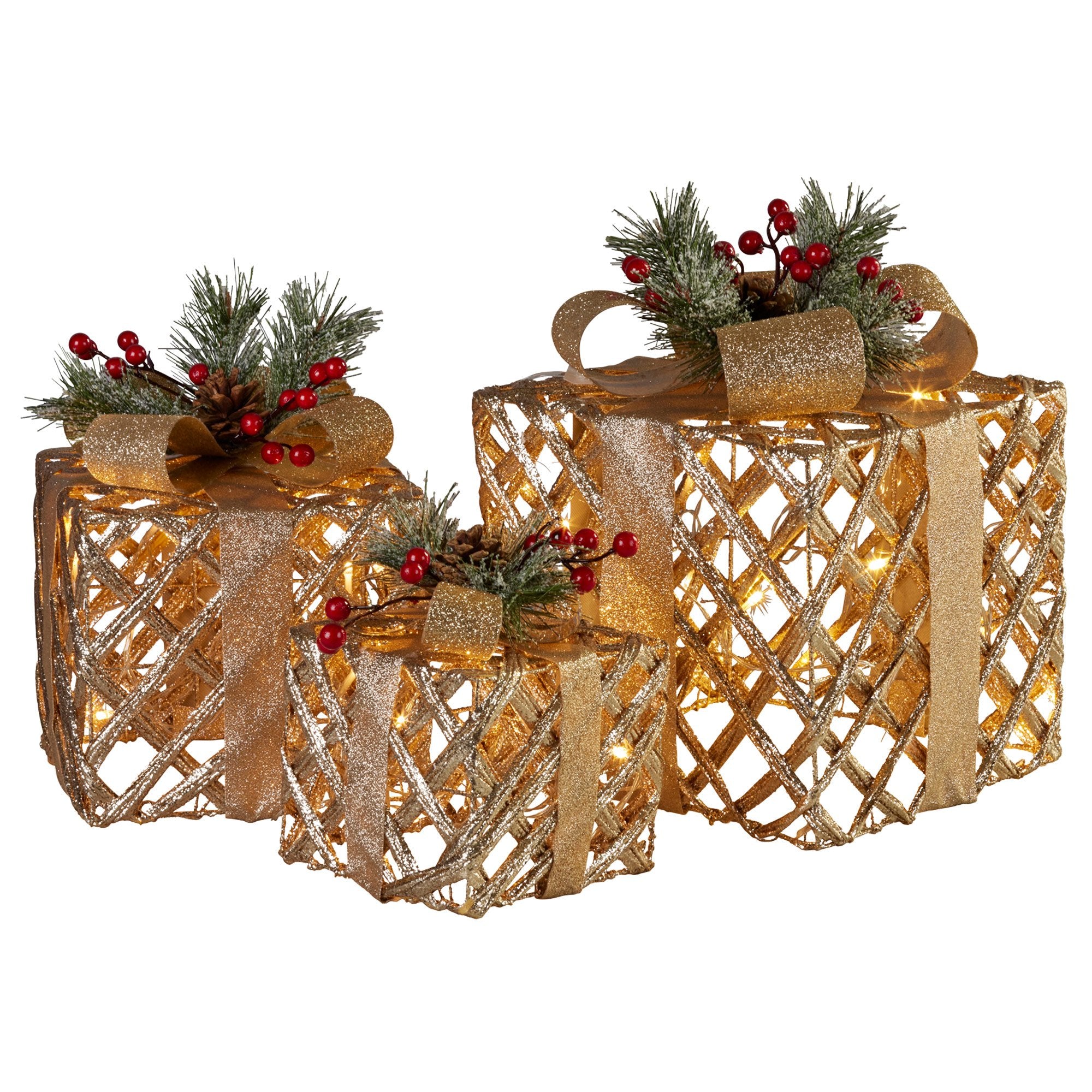 Swishmas Set of 3 Christmas Gift Boxes Display With Lights in Champagne and Gold-Occasions &gt; Christmas &gt; Christmas Decorations-PEROZ Accessories