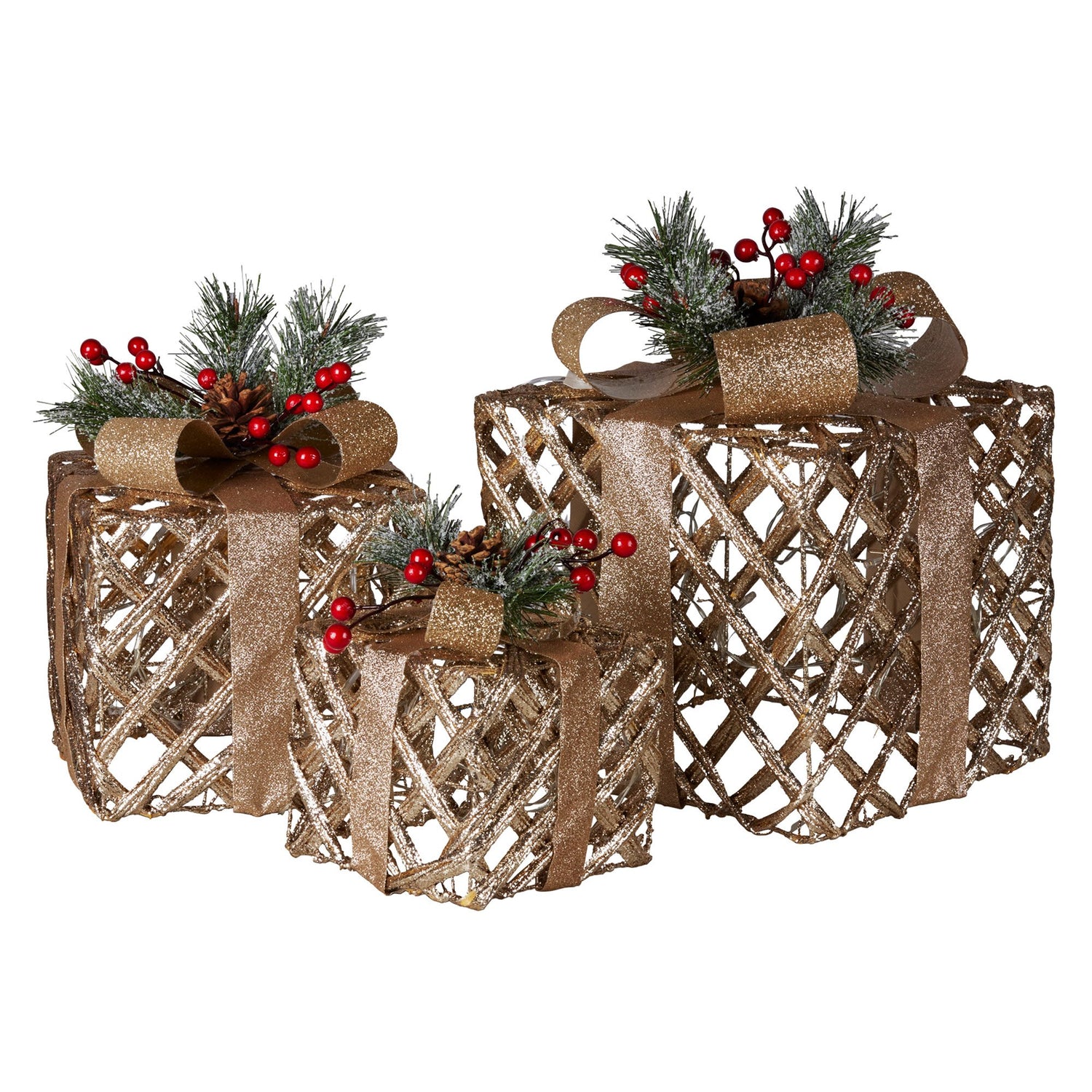 Swishmas Set of 3 Christmas Gift Boxes Display With Lights in Champagne and Gold-Occasions &gt; Christmas &gt; Christmas Decorations-PEROZ Accessories