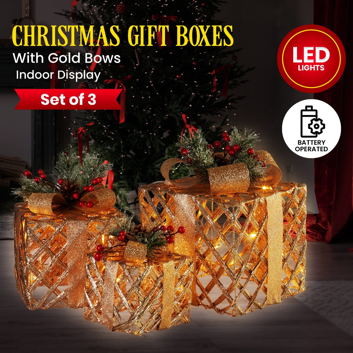 Swishmas Set of 3 Christmas Gift Boxes Display With Lights in Champagne and Gold-Occasions &gt; Christmas &gt; Christmas Decorations-PEROZ Accessories