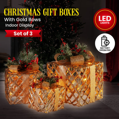 Swishmas Set of 3 Christmas Gift Boxes Display With Lights in Champagne and Gold-Occasions &gt; Christmas &gt; Christmas Decorations-PEROZ Accessories