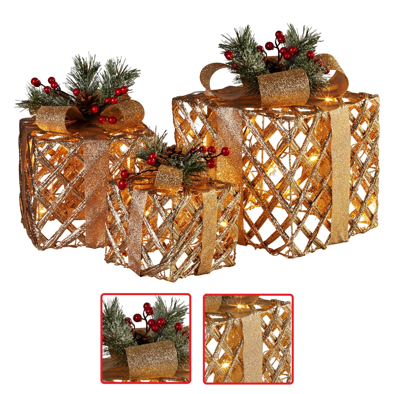 Swishmas Set of 3 Christmas Gift Boxes Display With Lights in Champagne and Gold-Occasions &gt; Christmas &gt; Christmas Decorations-PEROZ Accessories