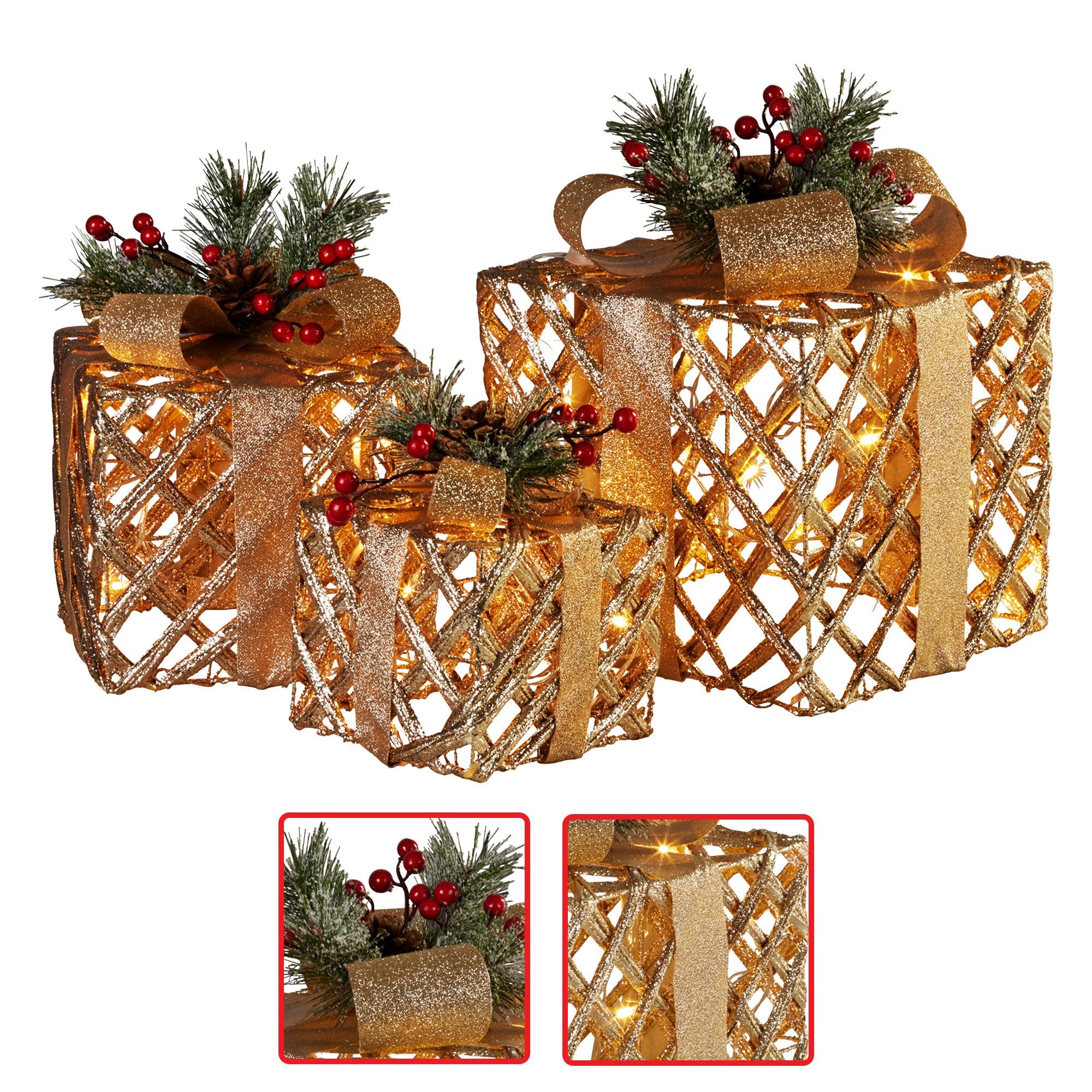 Swishmas Set of 3 Christmas Gift Boxes Display With Lights in Champagne and Gold-Occasions &gt; Christmas &gt; Christmas Decorations-PEROZ Accessories