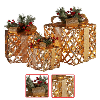Swishmas Set of 3 Christmas Gift Boxes Display With Lights in Champagne and Gold-Occasions &gt; Christmas &gt; Christmas Decorations-PEROZ Accessories