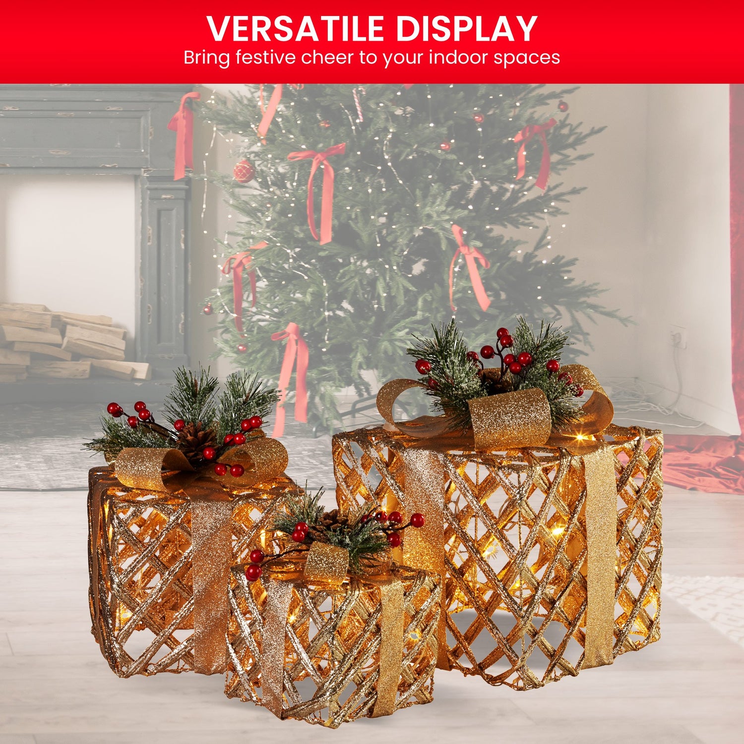 Swishmas Set of 3 Christmas Gift Boxes Display With Lights in Champagne and Gold-Occasions &gt; Christmas &gt; Christmas Decorations-PEROZ Accessories