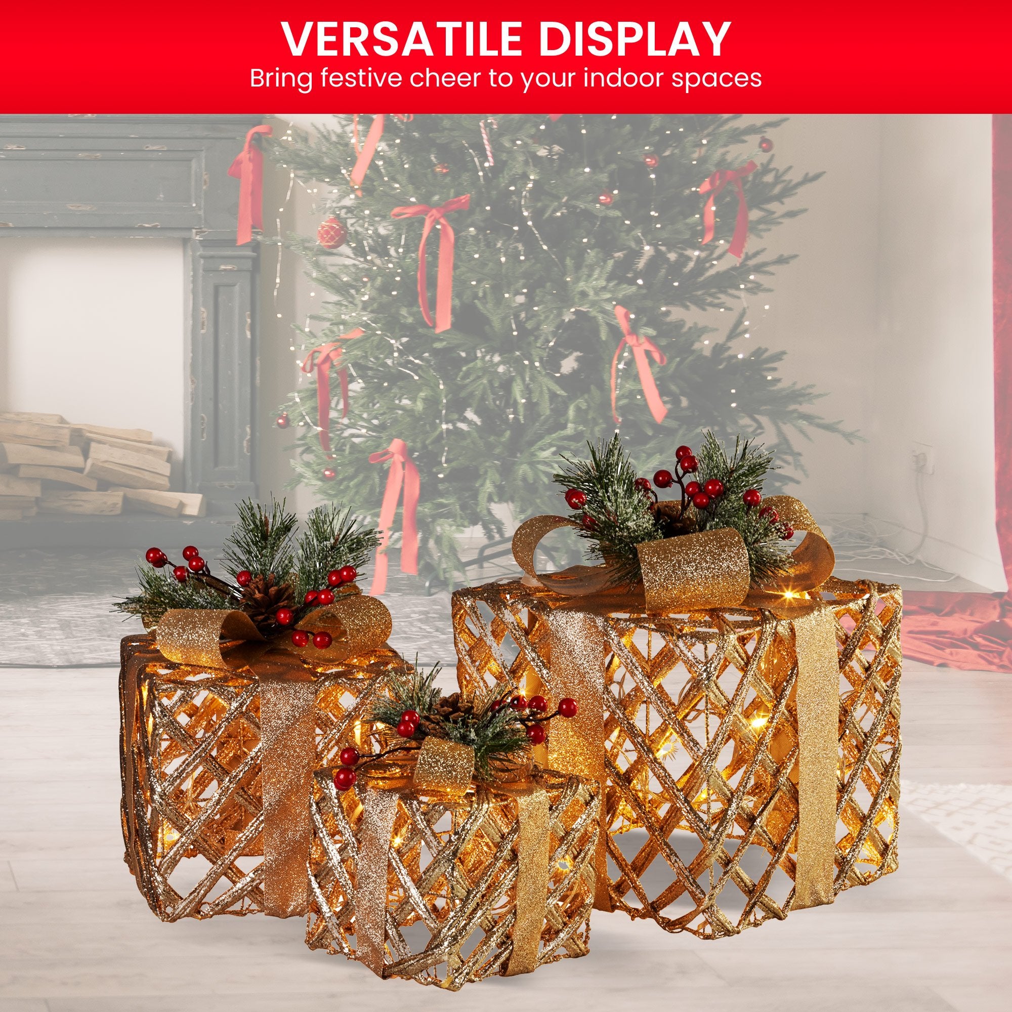 Swishmas Set of 3 Christmas Gift Boxes Display With Lights in Champagne and Gold-Occasions &gt; Christmas &gt; Christmas Decorations-PEROZ Accessories