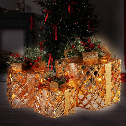 Swishmas Set of 3 Christmas Gift Boxes Display With Lights in Champagne and Gold-Occasions &gt; Christmas &gt; Christmas Decorations-PEROZ Accessories