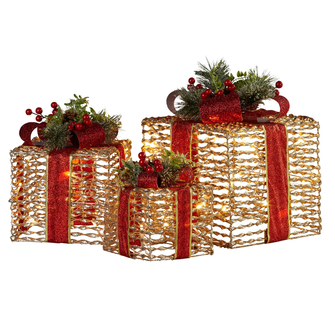 Swishmas Set Of 3 Christmas Gift Boxes With Lights - Champagne With Red Bows-Occasions &gt; Christmas &gt; Christmas Decorations-PEROZ Accessories