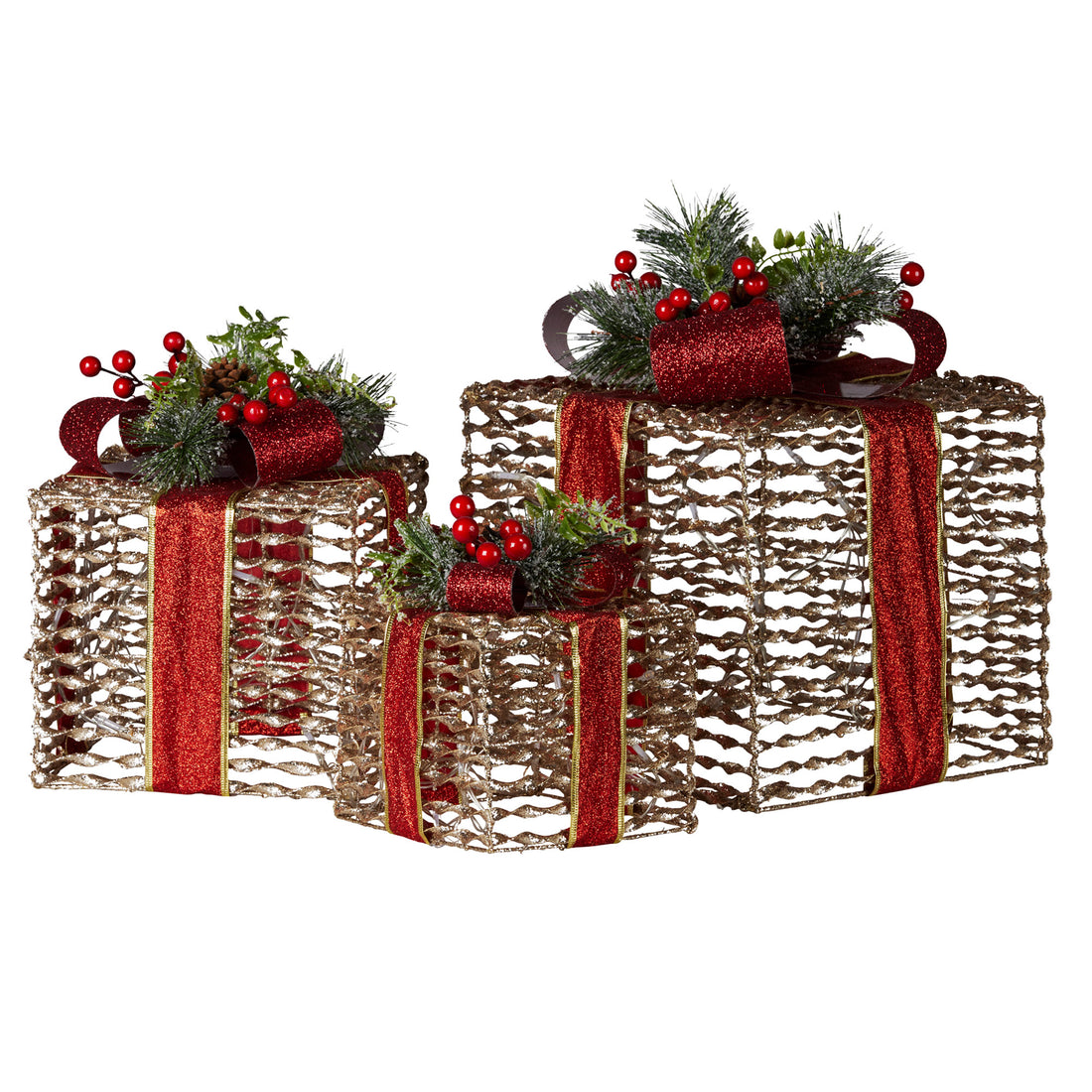 Swishmas Set Of 3 Christmas Gift Boxes With Lights - Champagne With Red Bows-Occasions &gt; Christmas &gt; Christmas Decorations-PEROZ Accessories