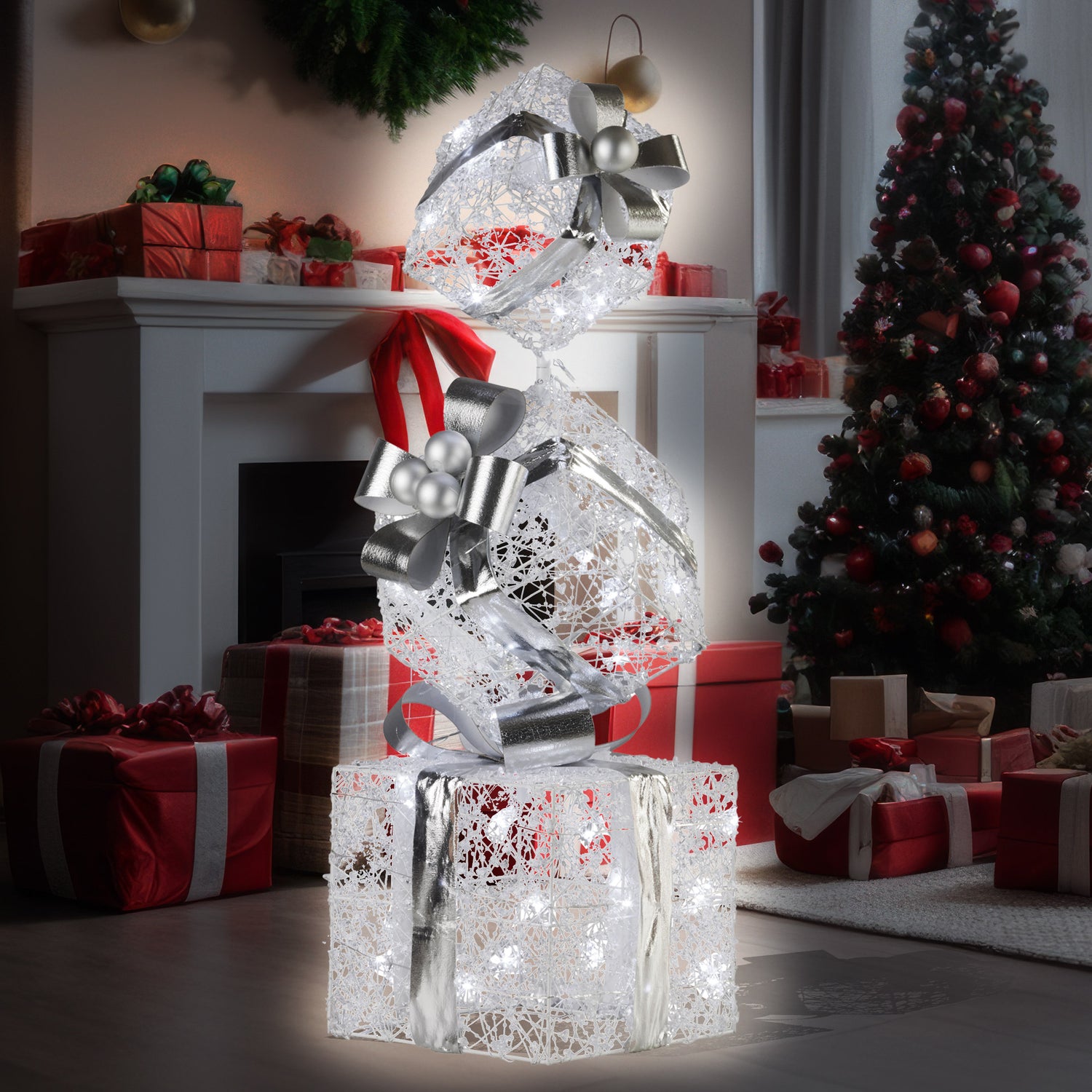 Swishmas 83cm Triple Christmas Silver Giftbox Stack Display with Lights-Occasions &gt; Christmas &gt; Christmas Decorations-PEROZ Accessories