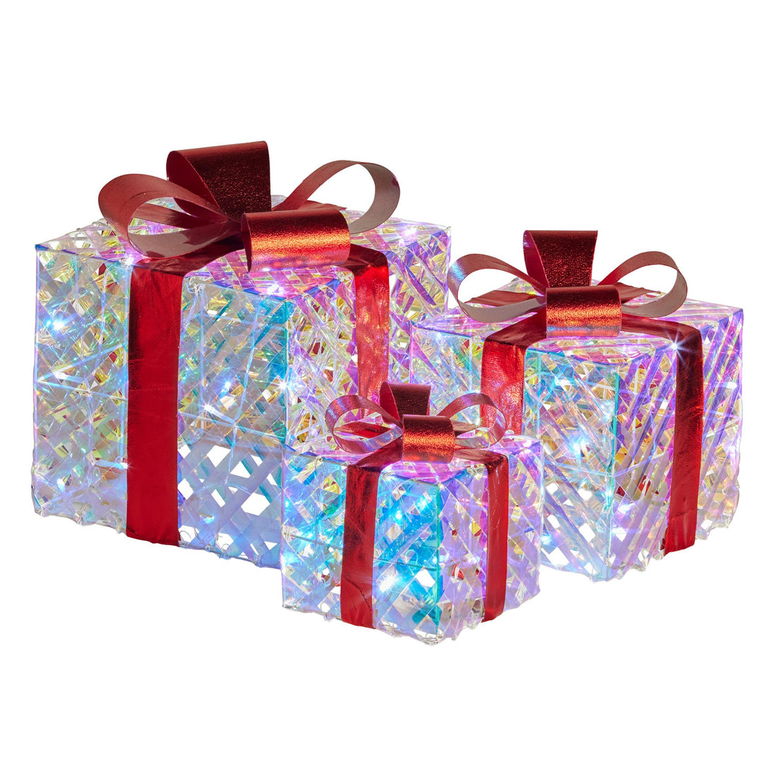 Swishmas Set of 3 Christmas Gift Boxes With Lights - Clear Shimmer With Red Bows-Occasions &gt; Christmas &gt; Christmas Decorations-PEROZ Accessories