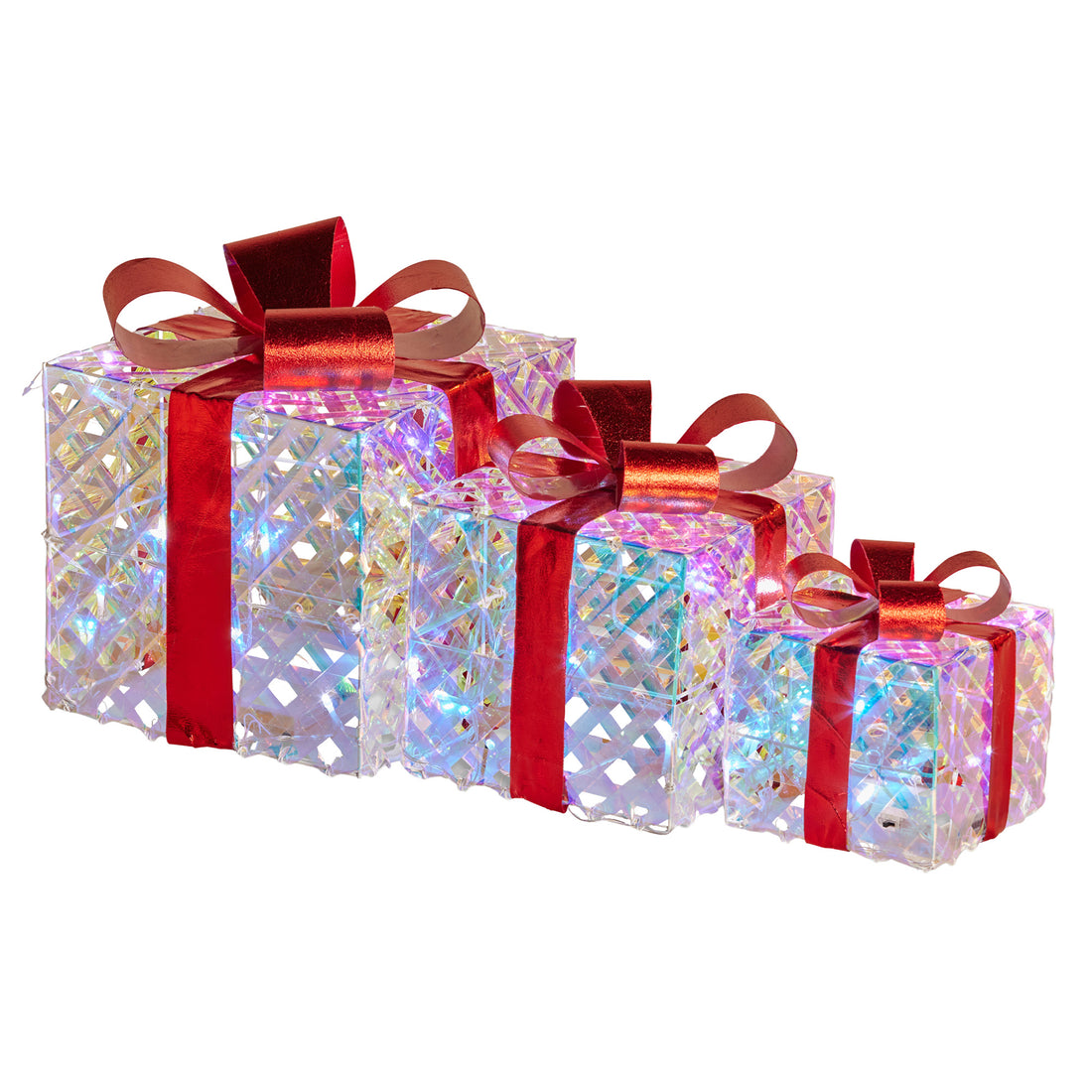 Swishmas Set of 3 Christmas Gift Boxes With Lights - Clear Shimmer With Red Bows-Occasions &gt; Christmas &gt; Christmas Decorations-PEROZ Accessories