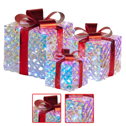 Swishmas Set of 3 Christmas Gift Boxes With Lights - Clear Shimmer With Red Bows-Occasions &gt; Christmas &gt; Christmas Decorations-PEROZ Accessories