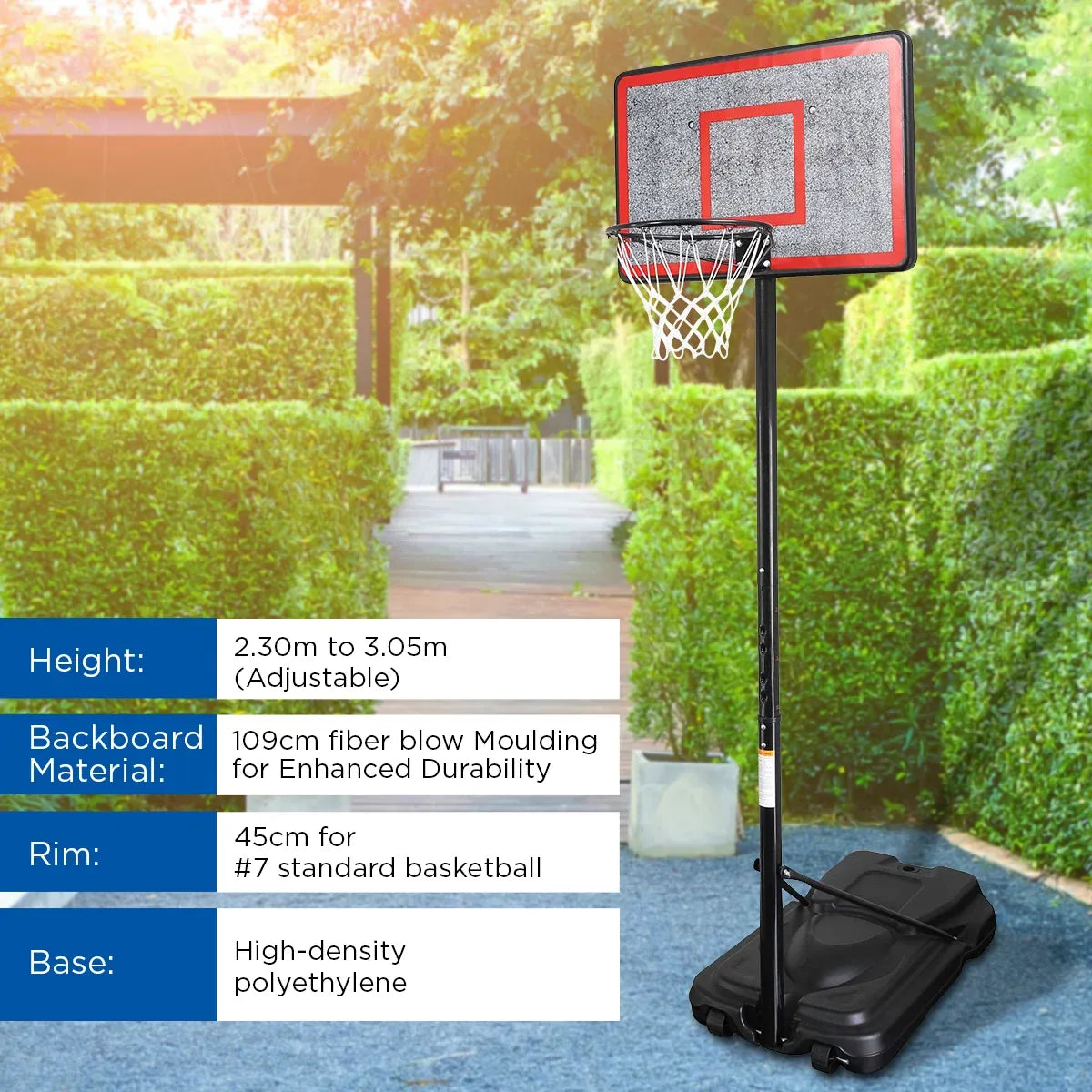 Kahuna 44 Inch Portable Basketball Hoop Stand Height Adjustable 2.3m-3.05m Outdoor Basketball System with Wheels-Sports &amp; Fitness > Basketball &amp; Accessories-PEROZ Accessories