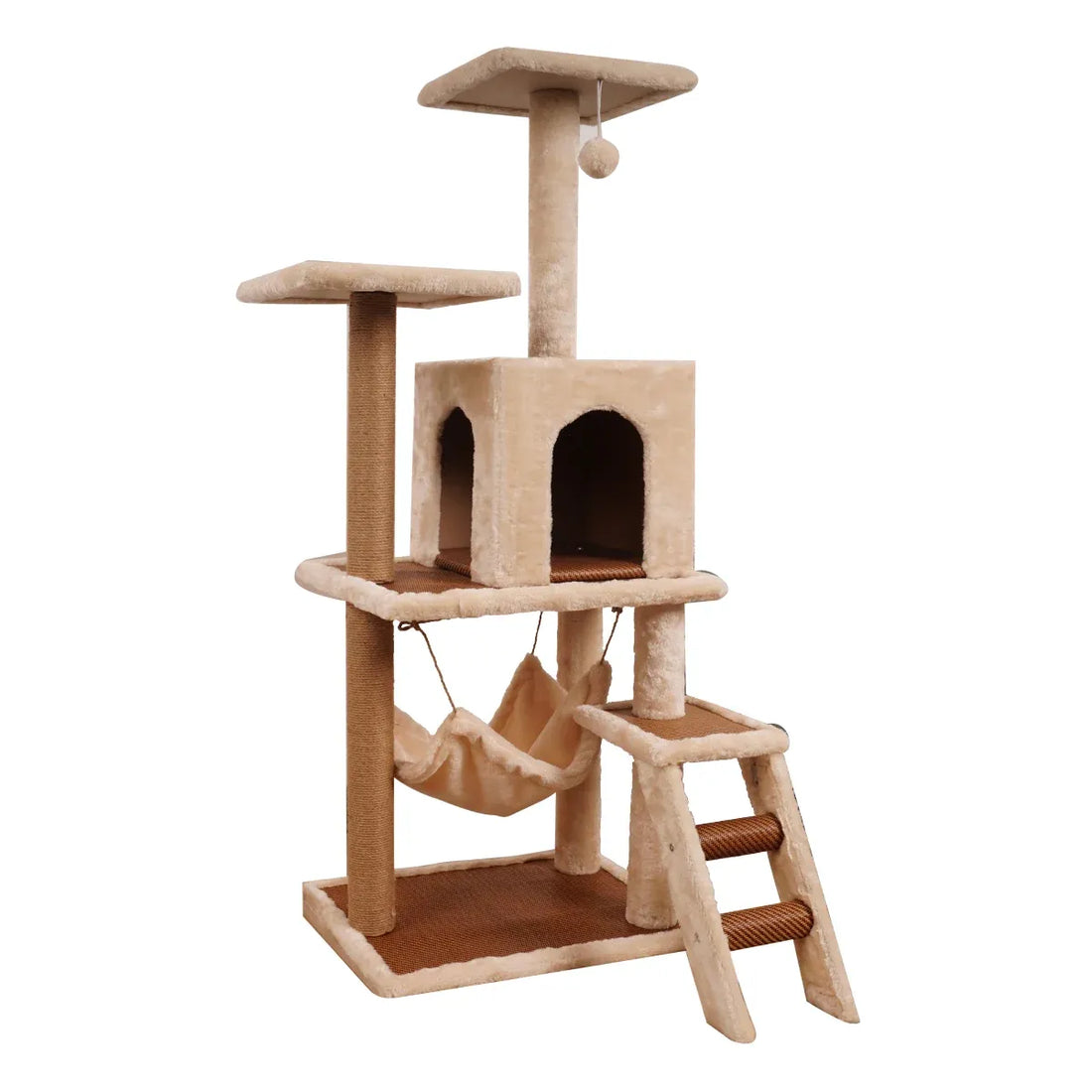 Furtastic 125cm Cat Tree Tower Scratching Post Plush Cat Condo with Hammock, Cubby House &amp; Toy - Beige-Cat Trees-PEROZ Accessories