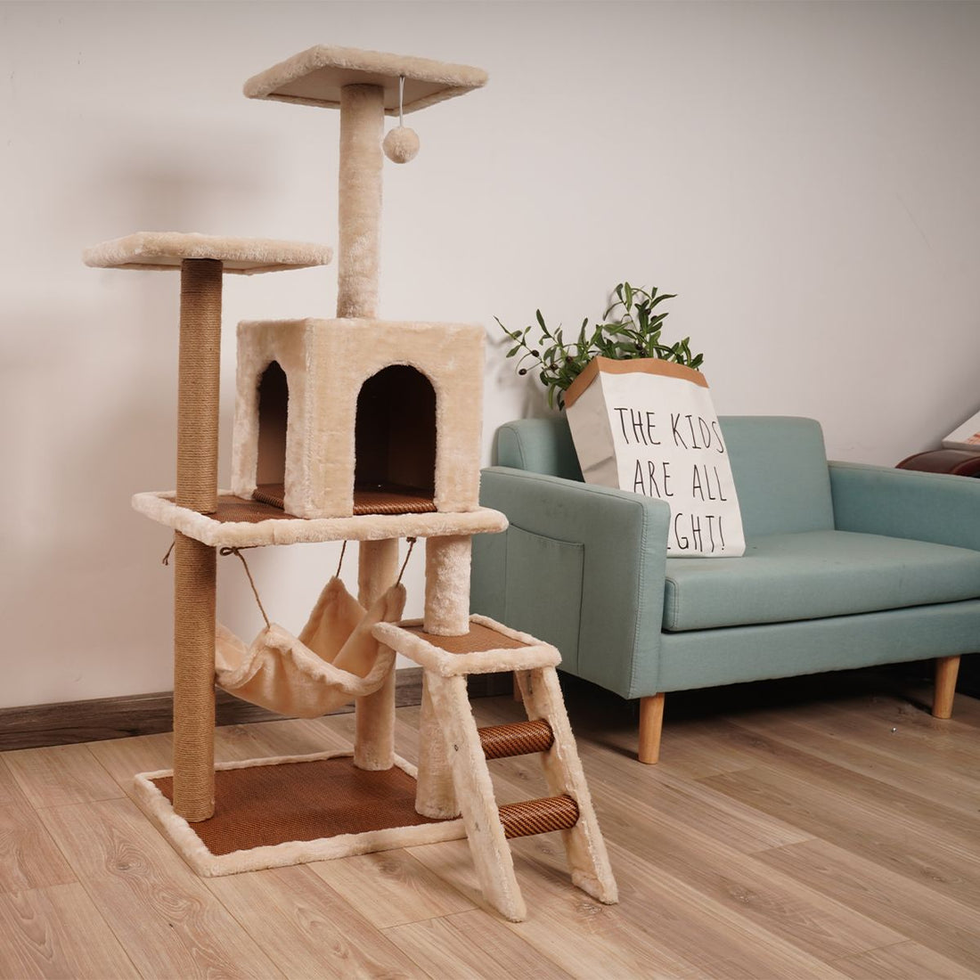 Furtastic 125cm Cat Tree Tower Scratching Post Plush Cat Condo with Hammock, Cubby House &amp; Toy - Beige-Cat Trees-PEROZ Accessories