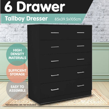 Sarantino Tallboy Dresser 6 Chest Of Drawers Table Cabinet Bedroom Storage Black-Furniture &gt; Living Room-PEROZ Accessories
