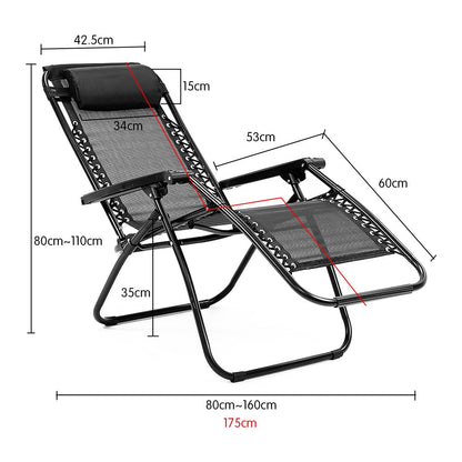 Wallaroo Zero Gravity Reclining Deck Lounge Sun Beach Chair Outdoor Folding Camping - Black-Furniture &gt; Outdoor &gt; Outdoor Sofas &amp; Lounge Sets-PEROZ Accessories