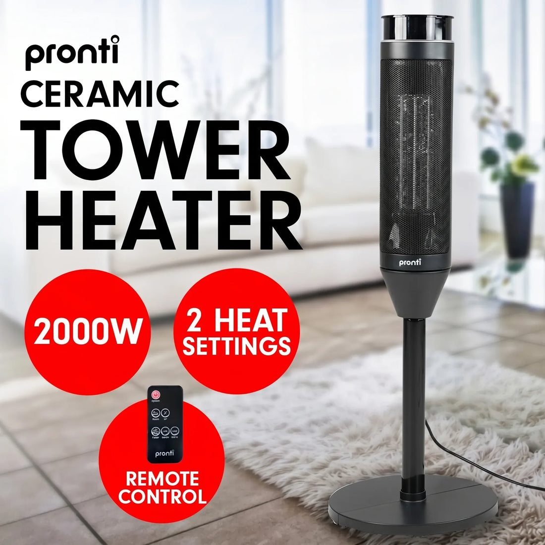 Pronti Electric Tower Heater 2000W Ceramic Portable Remote - Black-Heaters-PEROZ Accessories