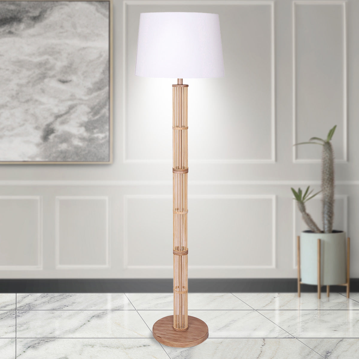 Sarantino Rattan Floor Lamp With Paper-White Linen Shade by Sarantino-Home &amp; Garden &gt; Lighting-PEROZ Accessories